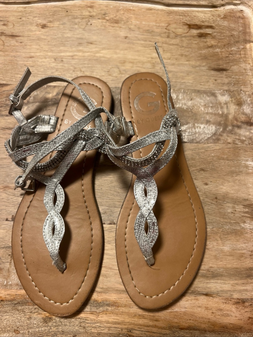 G by Guess Silver Braided T-Strap Sandals Women